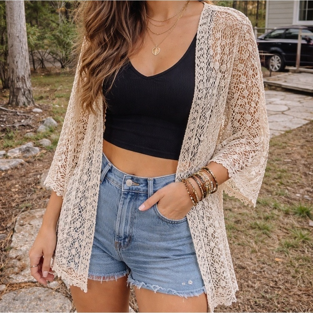 SML Cardigan Mid XXL‎ Open Lace Crochet Duster Bohemian Festival Layer Shrug